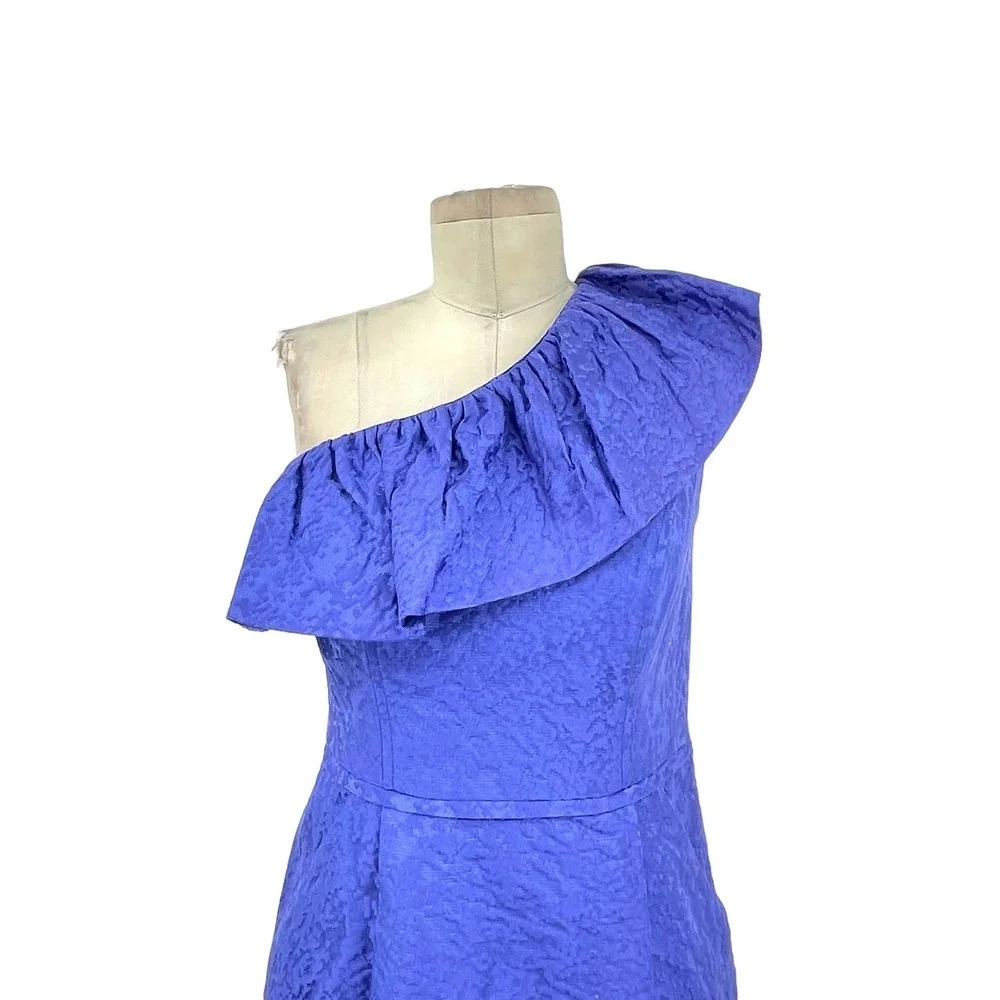Shoshanna Ruffle One Shoulder Jacquard Textured Dress Blue‎ Size 4 - Picture 2 of 8